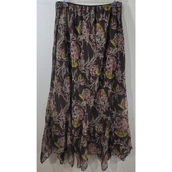 Cato Dresses & Skirts - Cato Brown Pink Yellow Floral Sheer Overlay A Line Skirt 14W Lightweight Soft